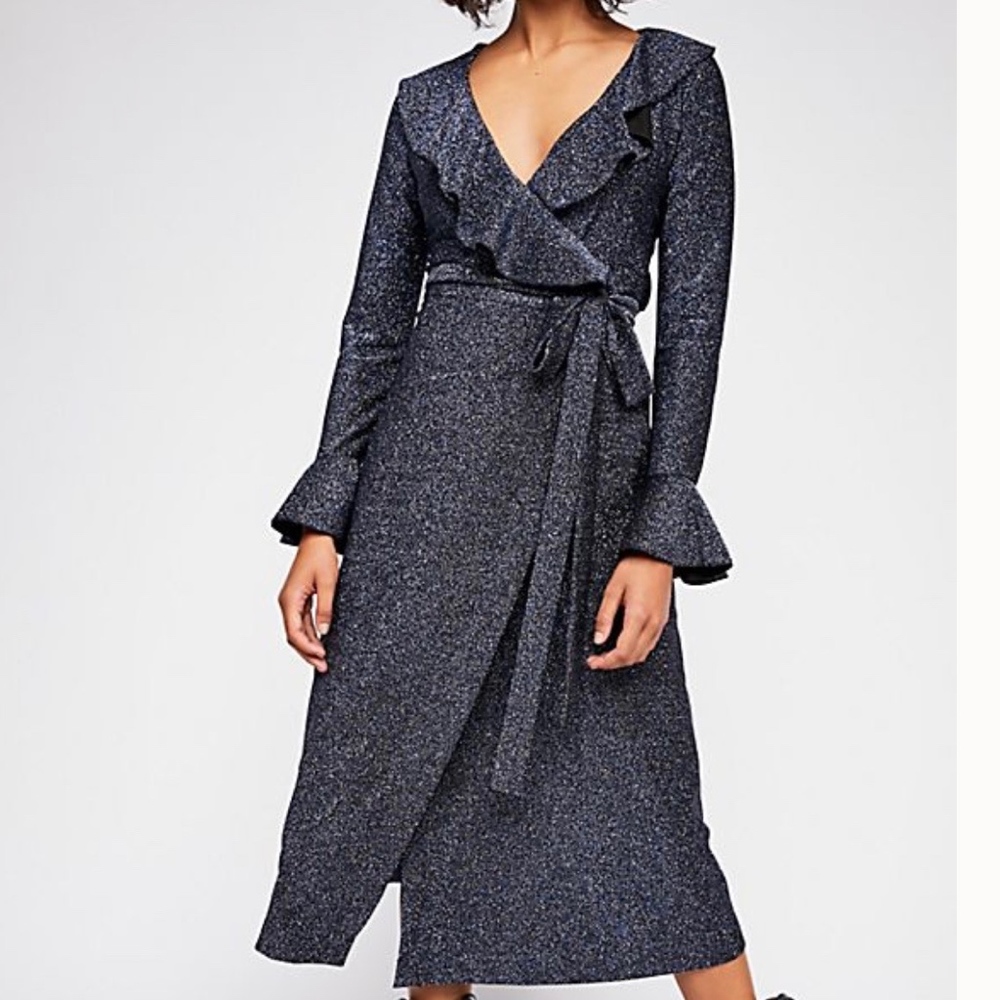 NWT Free People Lurex Ruffle Wrap Midi Dress S - Picture 1 of 3
